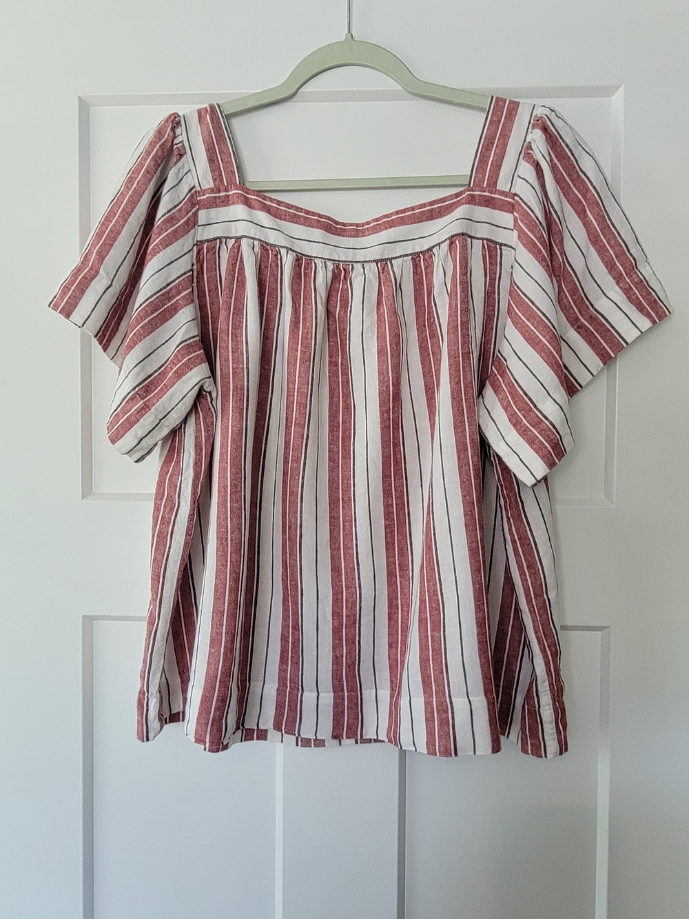 LOFT Red and White Vertical Stripe Square-Neck Linen Blend Blouse - Picture 2 of 6